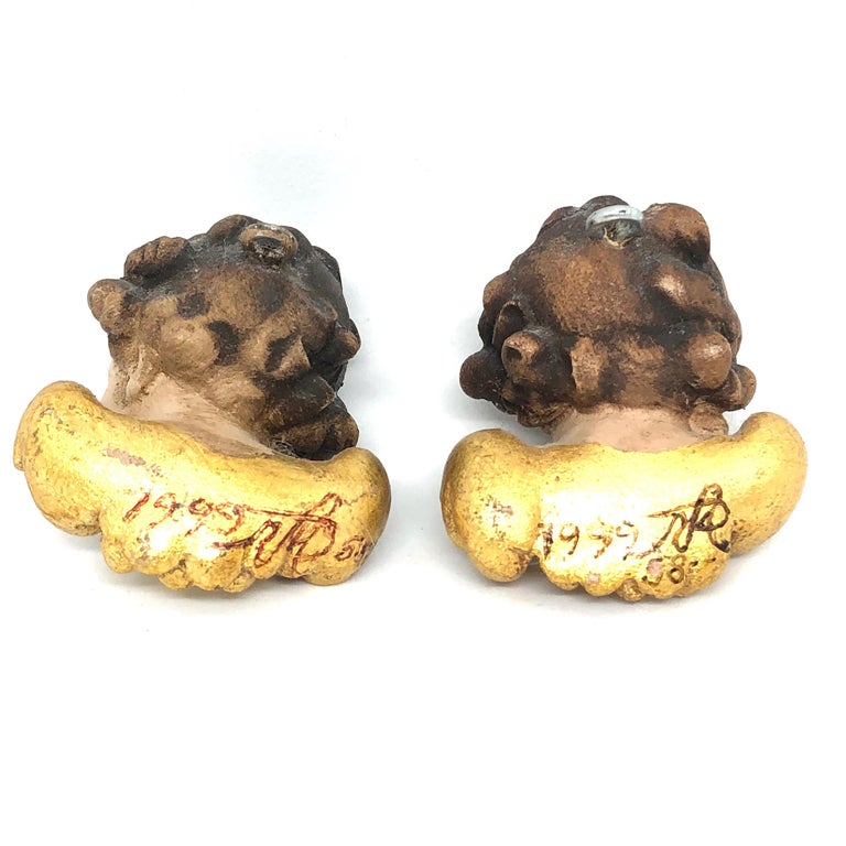 German Pair of Petite Hand Carved Cherub Angel Heads, 1999 Dated and Signed by Artist For Sale