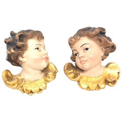 Pair of Petite Hand Carved Cherub Angel Heads, 1999 Dated and Signed by Artist