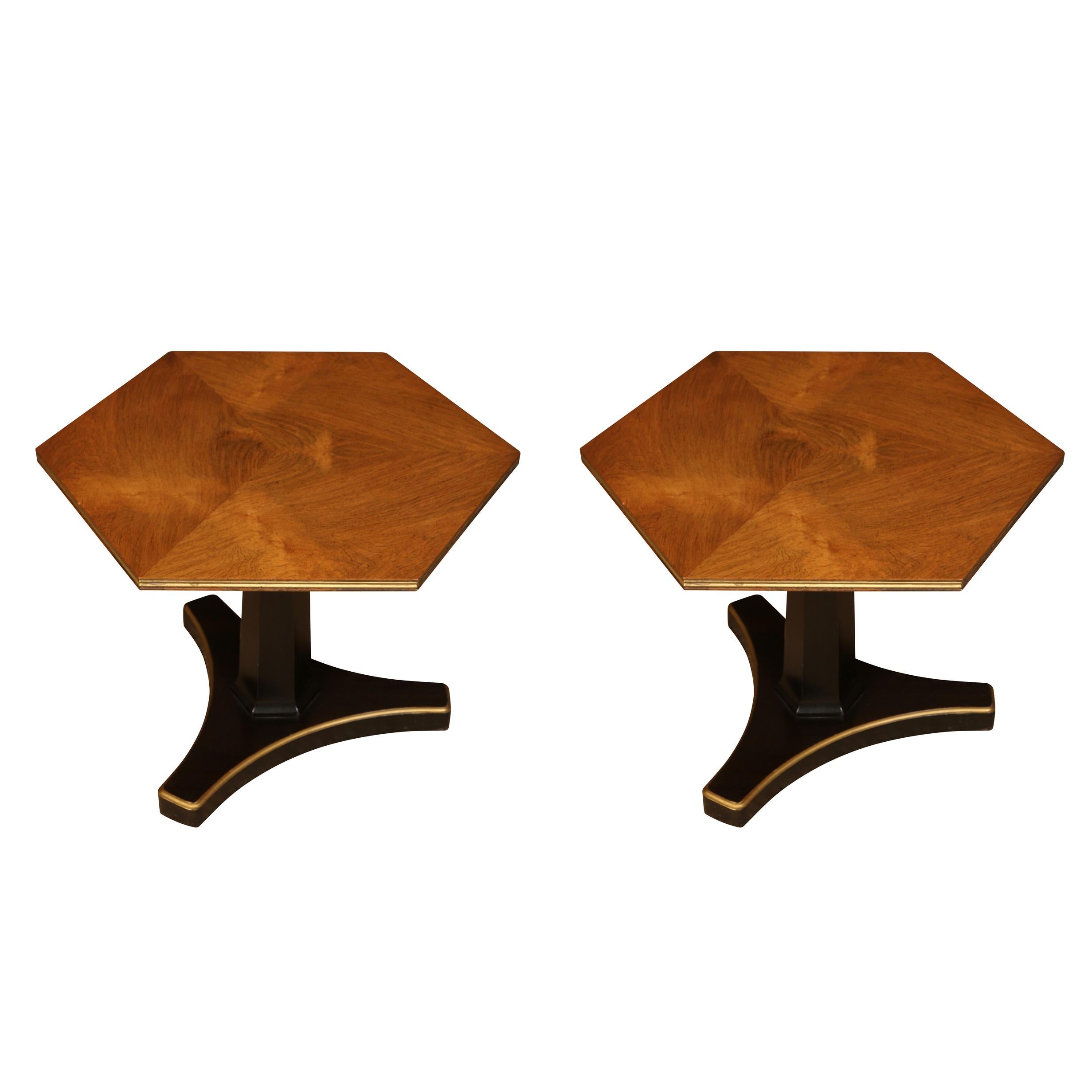 20th Century Pair of Petite Hexagonal Regency Ebonized Side Tables with Walnut Tops For Sale