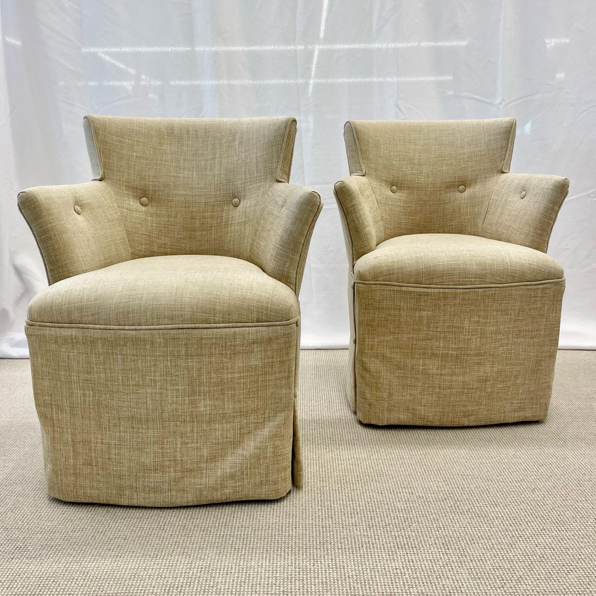 Pair of Petite Hollywood Regency Swivel / Accent Chairs, Grosfeld Style, Tufted 5