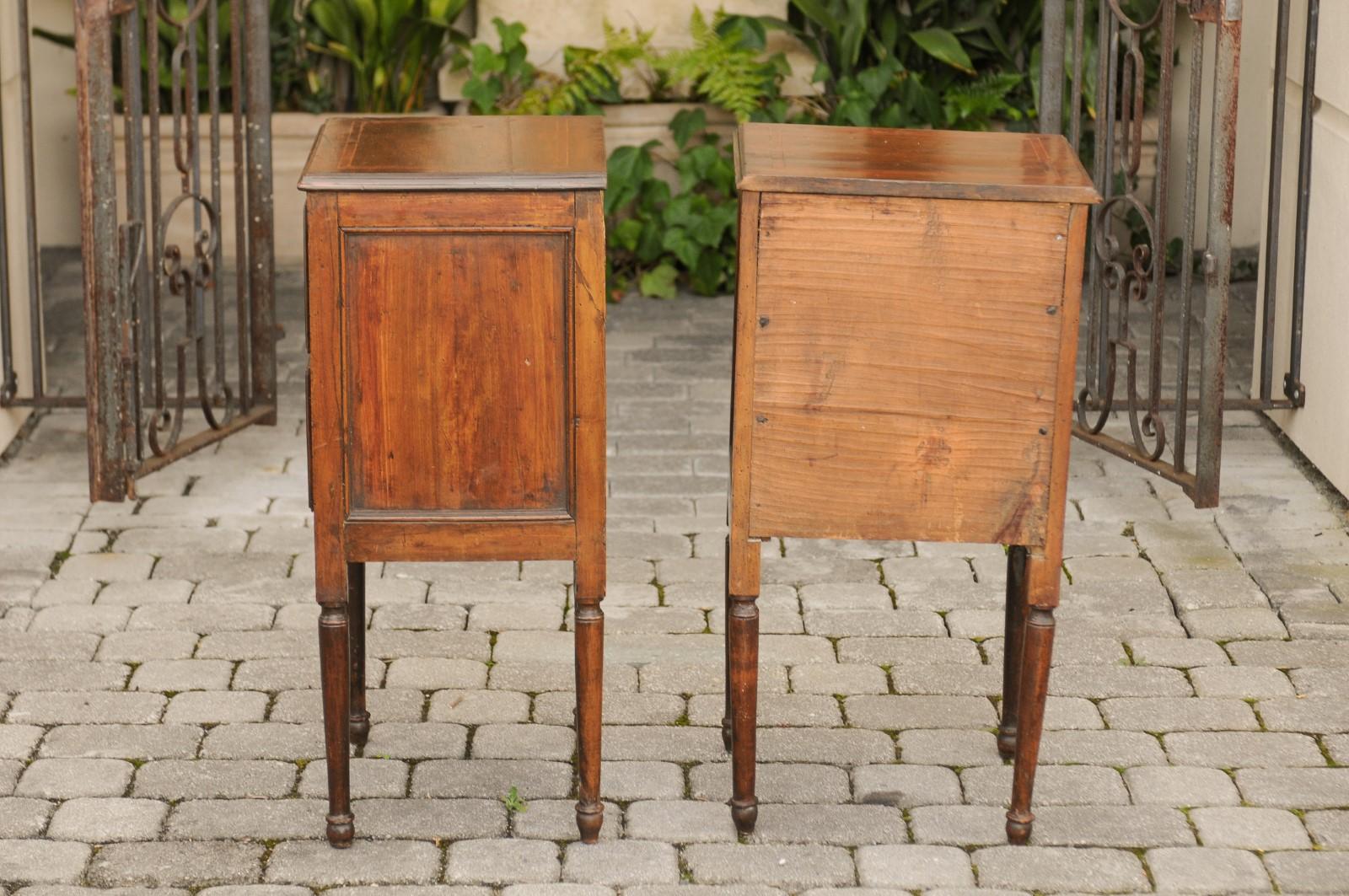 Pair of Petite Italian 1820s Walnut Two-Drawer Commodes with Crossbanded Inlay 6