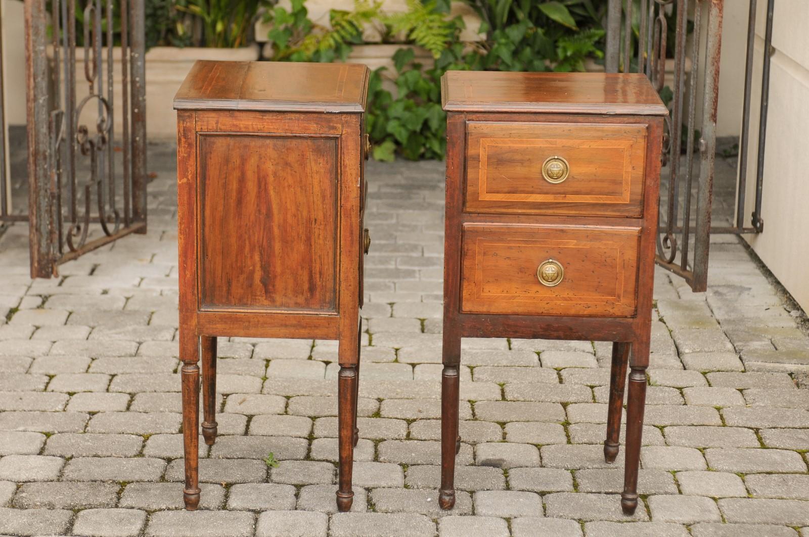 Pair of Petite Italian 1820s Walnut Two-Drawer Commodes with Crossbanded Inlay 8