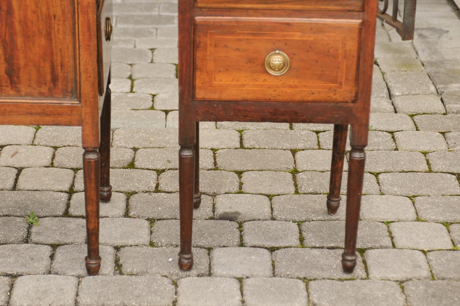 Pair of Petite Italian 1820s Walnut Two-Drawer Commodes with Crossbanded Inlay 9
