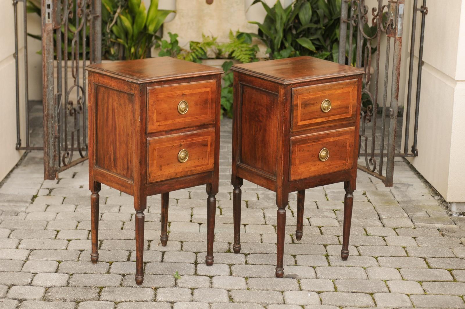 19th Century Pair of Petite Italian 1820s Walnut Two-Drawer Commodes with Crossbanded Inlay