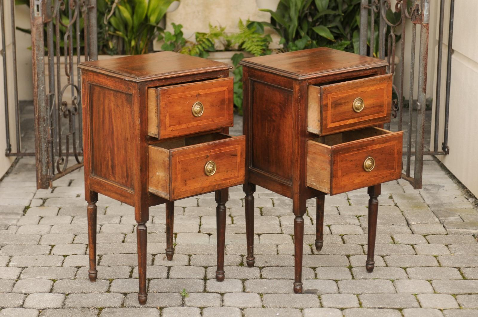 Pair of Petite Italian 1820s Walnut Two-Drawer Commodes with Crossbanded Inlay 1