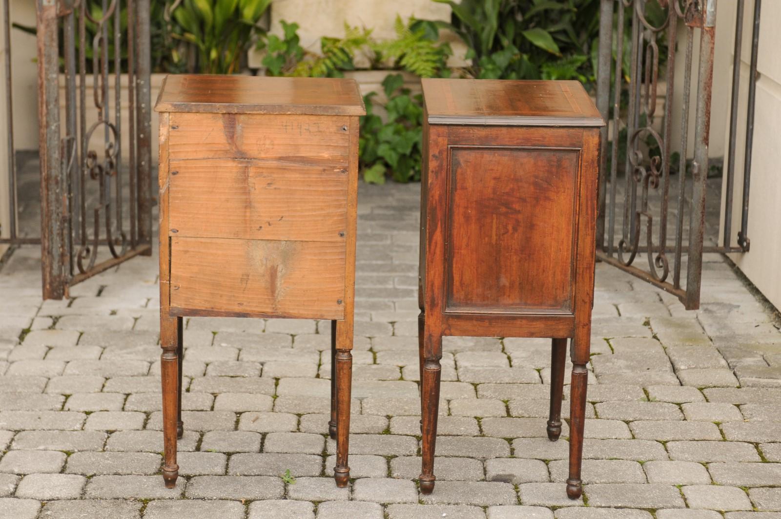 Pair of Petite Italian 1820s Walnut Two-Drawer Commodes with Crossbanded Inlay 5