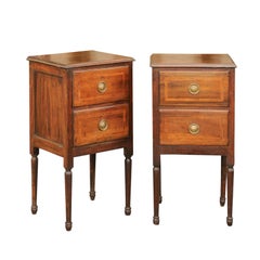 Pair of Petite Italian 1820s Walnut Two-Drawer Commodes with Crossbanded Inlay