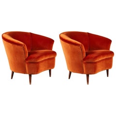 Pair of Petite Italian Curvilinear Lounge Chairs in Velvet
