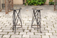 Pair of Petite Italian Midcentury Drink Tables with Iron Base and Mirrored Tops