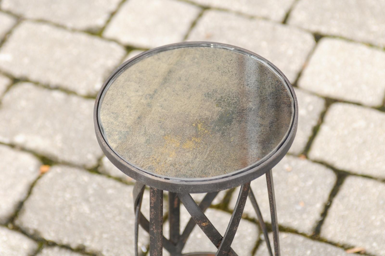 20th Century Pair of Petite Italian Midcentury Drink Tables with Iron Base and Mirrored Tops