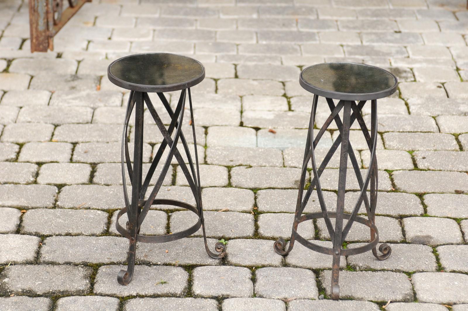 Pair of Petite Italian Midcentury Drink Tables with Iron Base and Mirrored Tops 2
