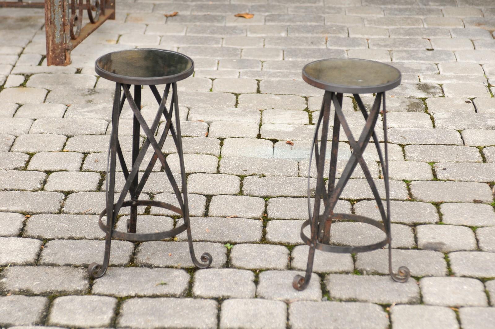 Pair of Petite Italian Midcentury Drink Tables with Iron Base and Mirrored Tops 3