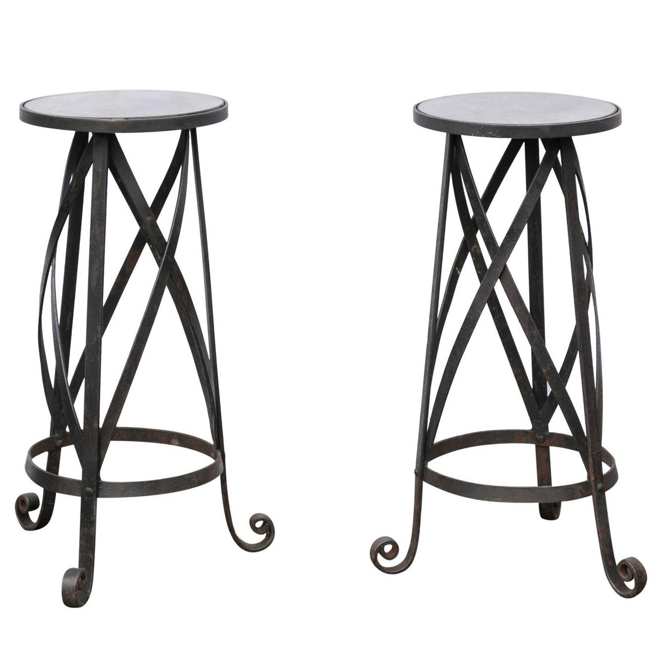 Pair of Petite Italian Midcentury Drink Tables with Iron Base and Mirrored Tops
