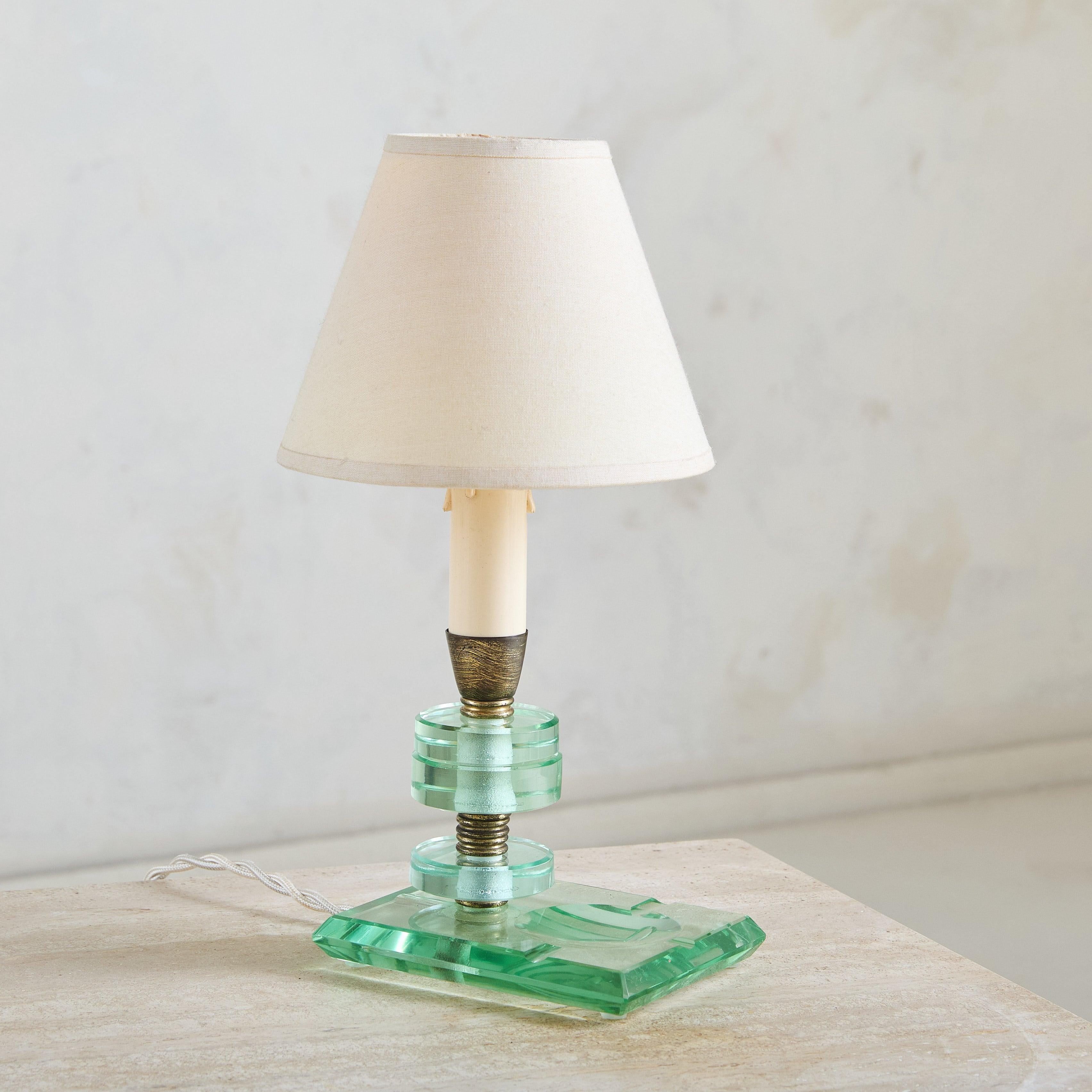 Mid-Century Modern Pair of Petite Italian Murano Glass + Brass Table Lamps, 1950s For Sale