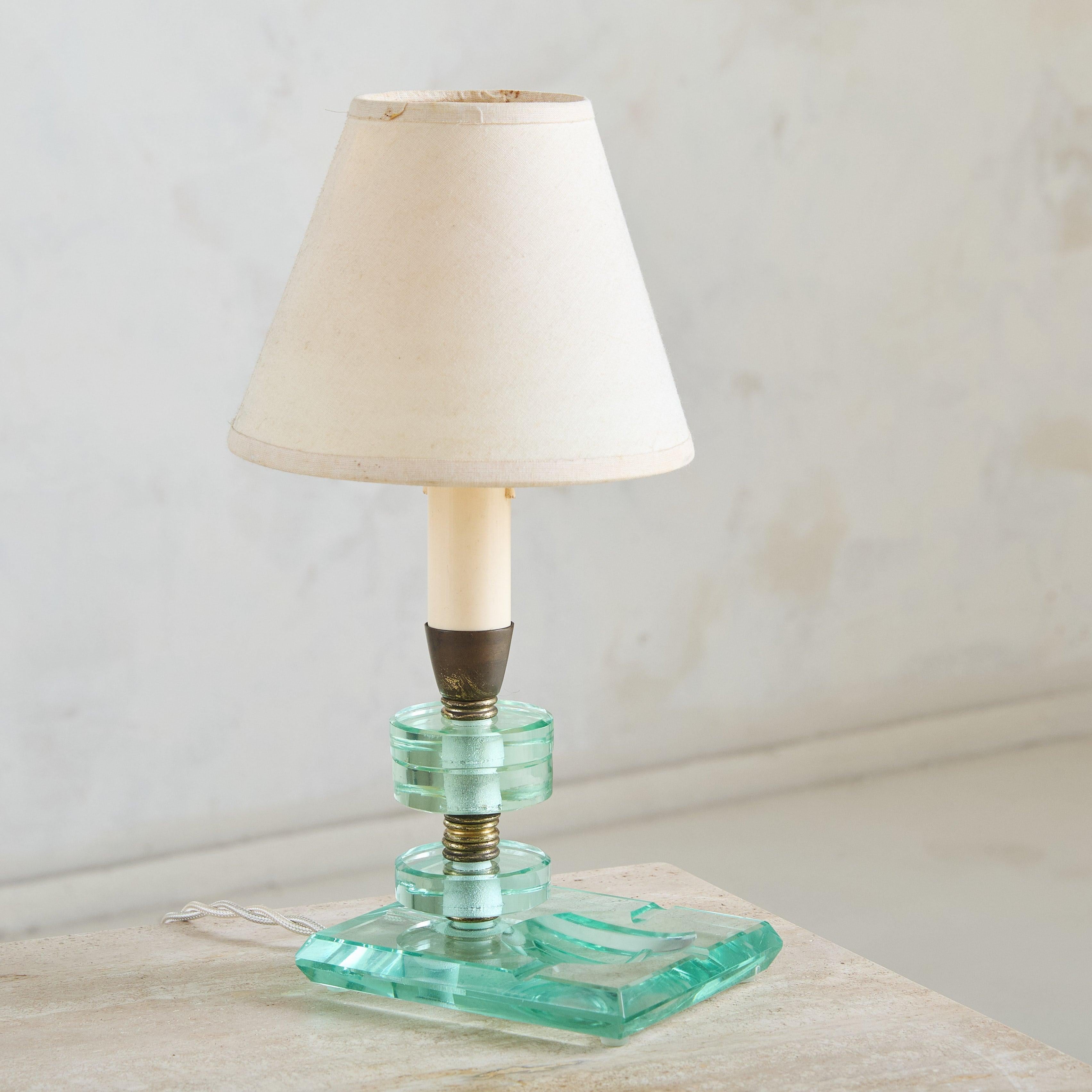 Pair of Petite Italian Murano Glass + Brass Table Lamps, 1950s In Good Condition For Sale In Chicago, IL