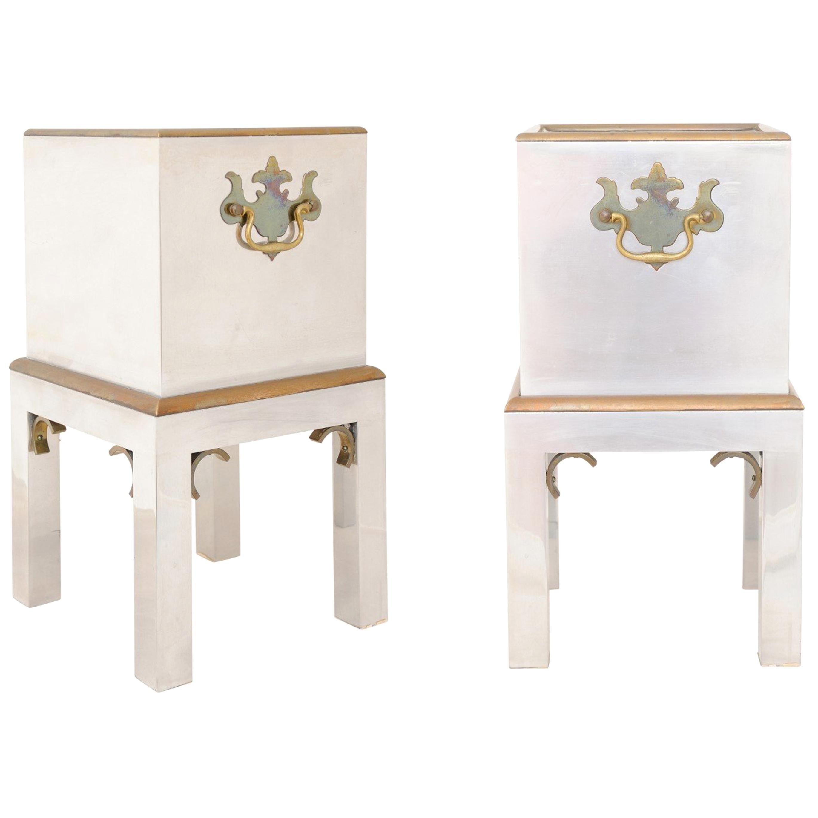 Pair of Petite Italian Vintage Steel and Brass Boxes on Stands from the 1970s
