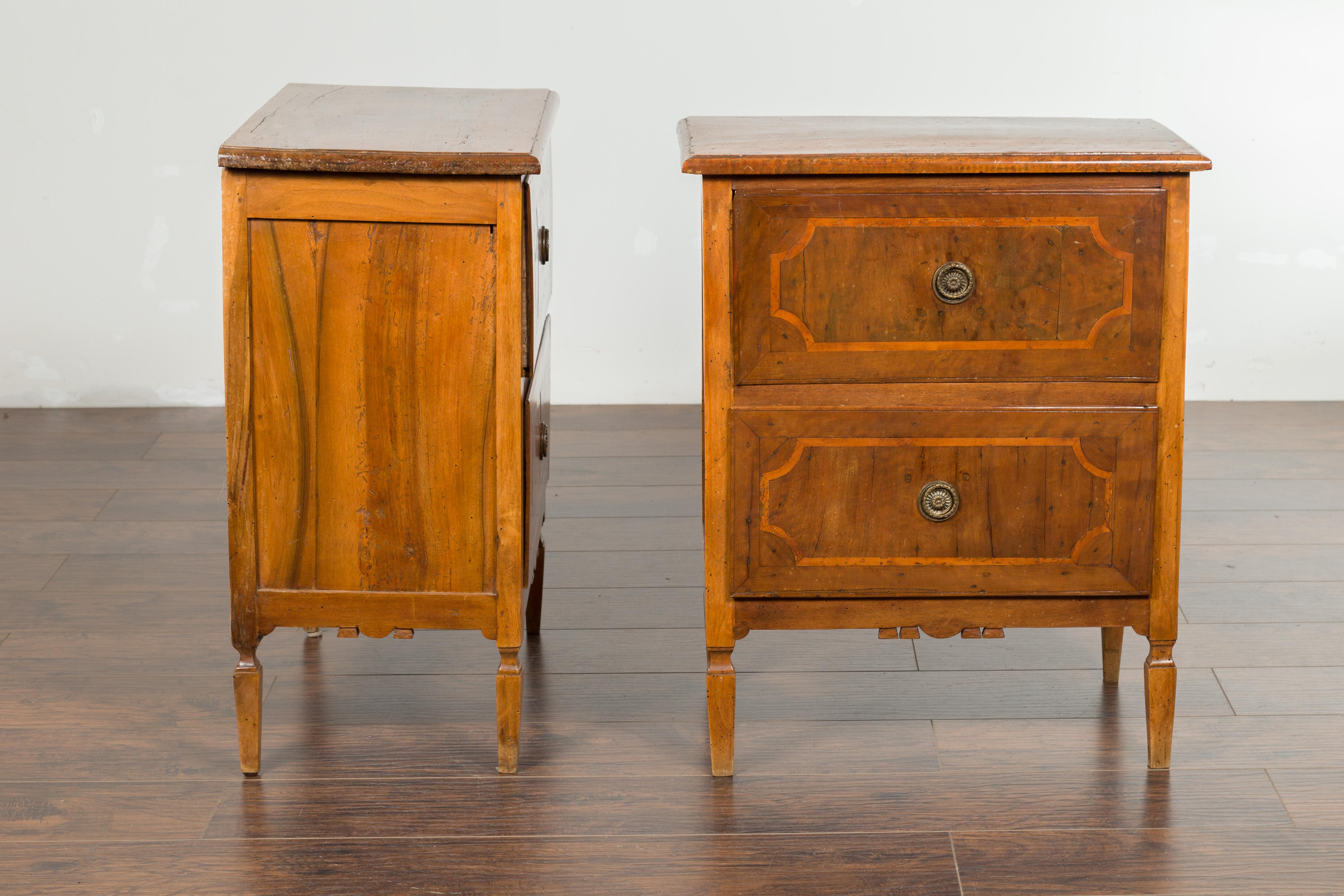 Pair of Petite Italian Walnut Two-Drawer Chests with Banding and Carved Aprons For Sale 5