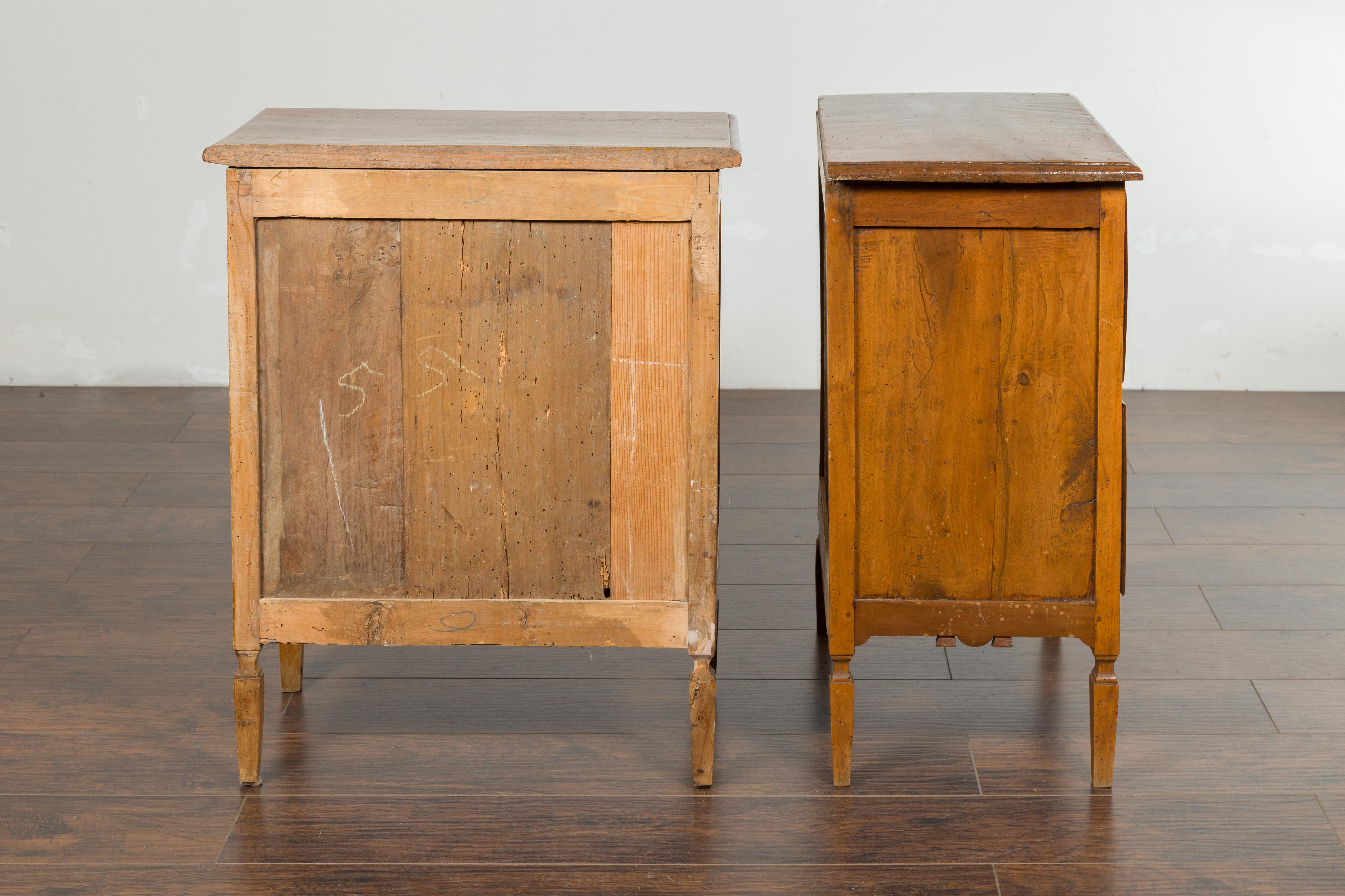 Pair of Petite Italian Walnut Two-Drawer Chests with Banding and Carved Aprons For Sale 6