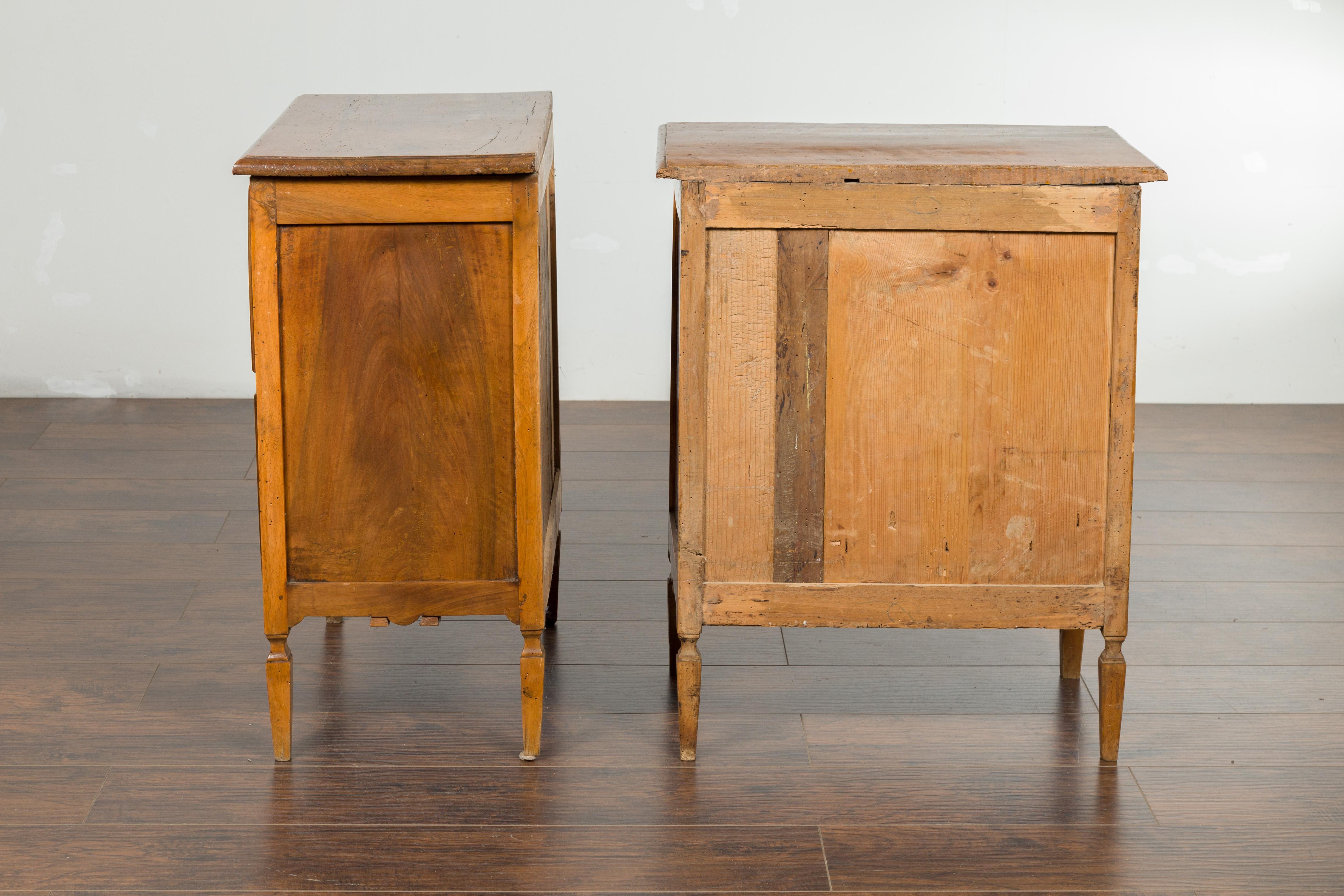 Pair of Petite Italian Walnut Two-Drawer Chests with Banding and Carved Aprons For Sale 7