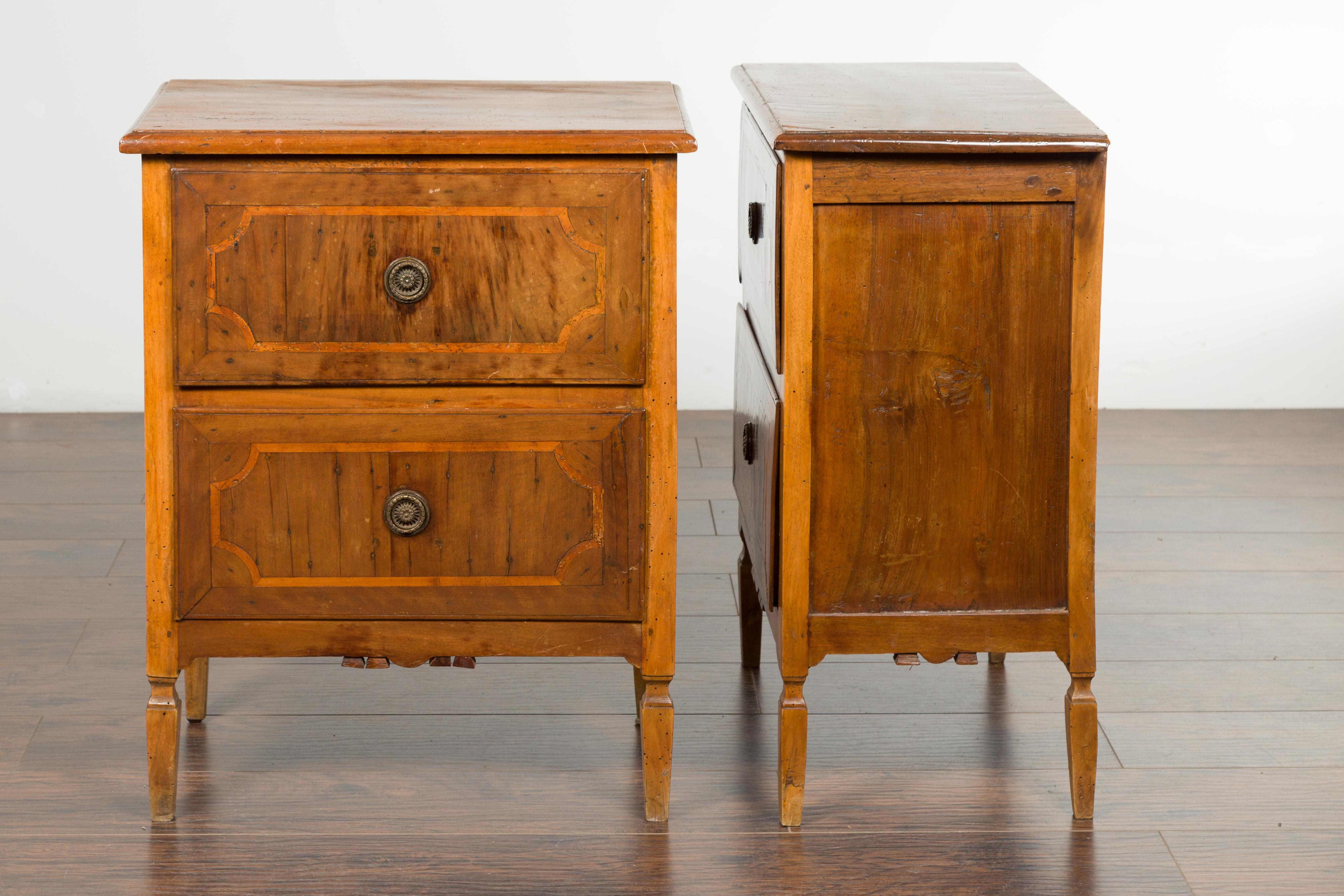 Pair of Petite Italian Walnut Two-Drawer Chests with Banding and Carved Aprons For Sale 8