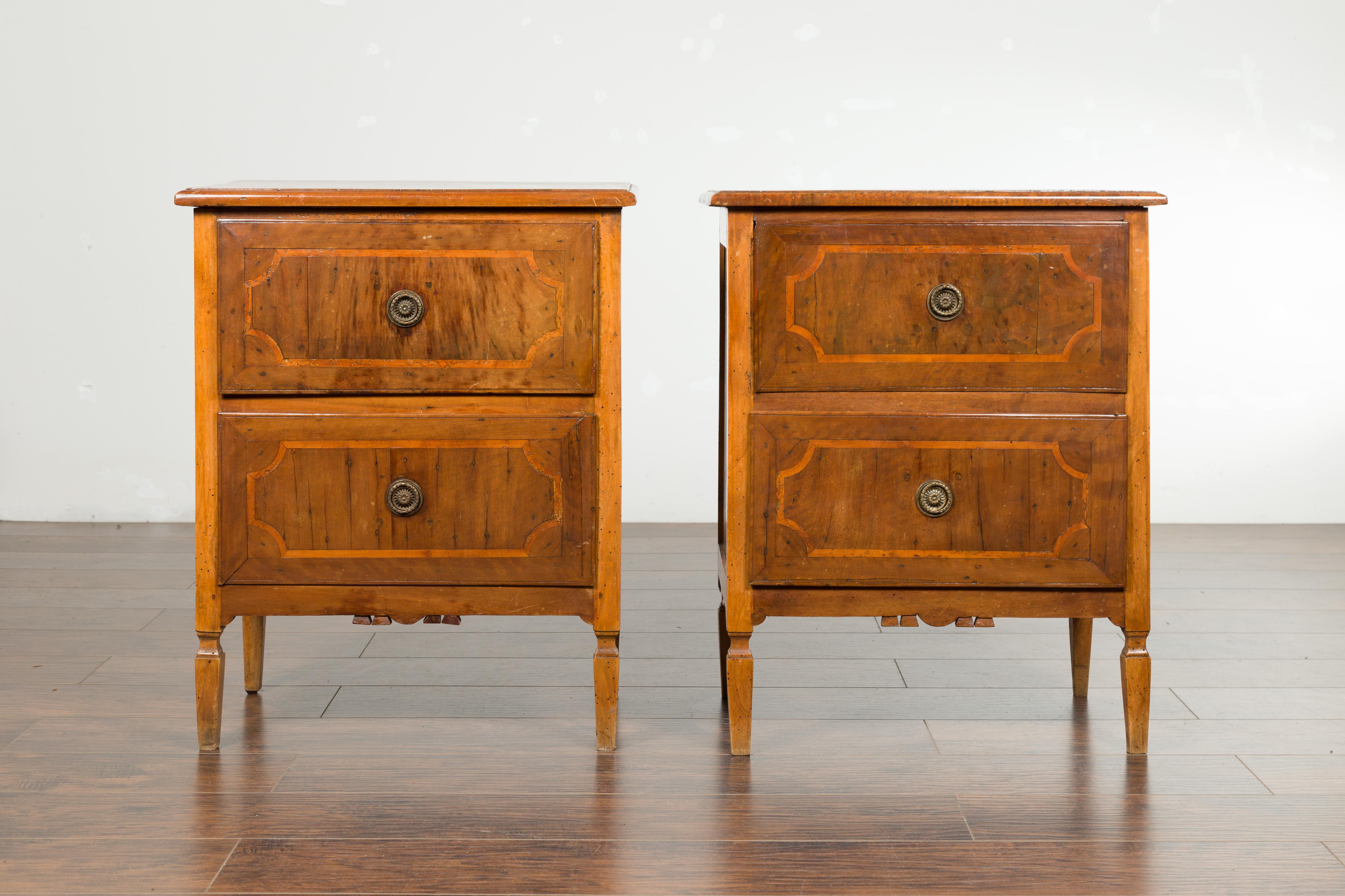 Pair of Petite Italian Walnut Two-Drawer Chests with Banding and Carved Aprons In Good Condition For Sale In Atlanta, GA