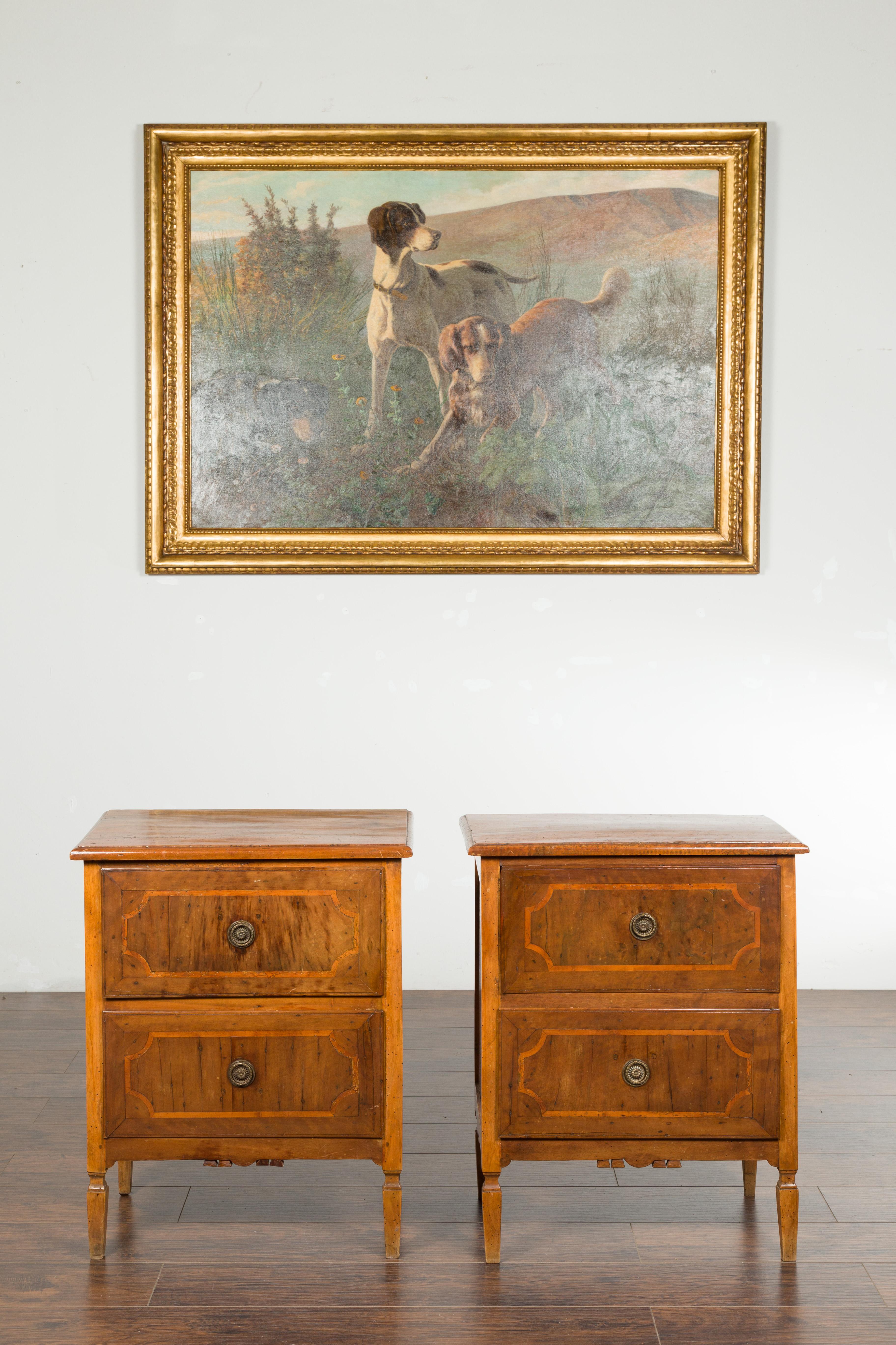 19th Century Pair of Petite Italian Walnut Two-Drawer Chests with Banding and Carved Aprons For Sale