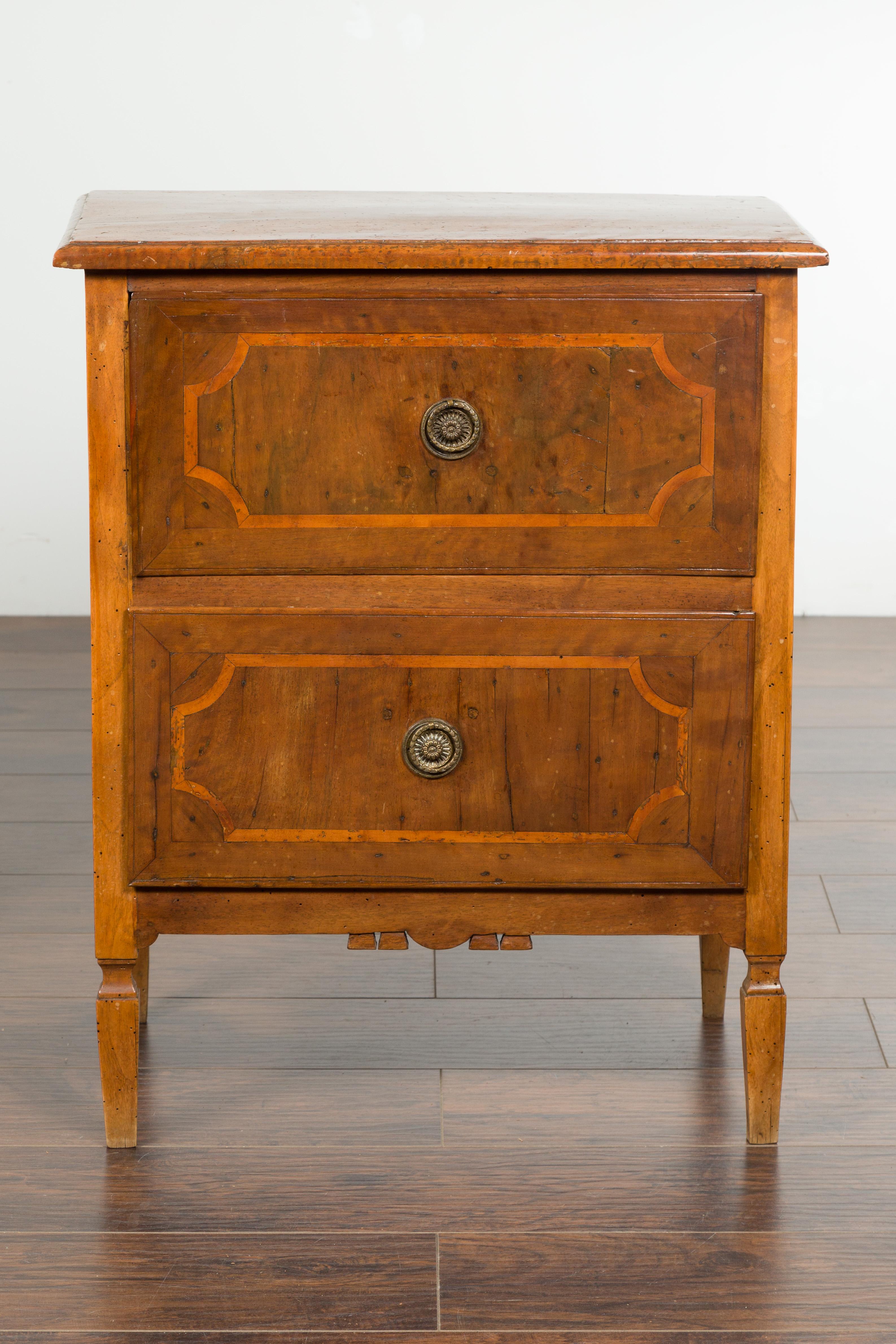 Pair of Petite Italian Walnut Two-Drawer Chests with Banding and Carved Aprons For Sale 1
