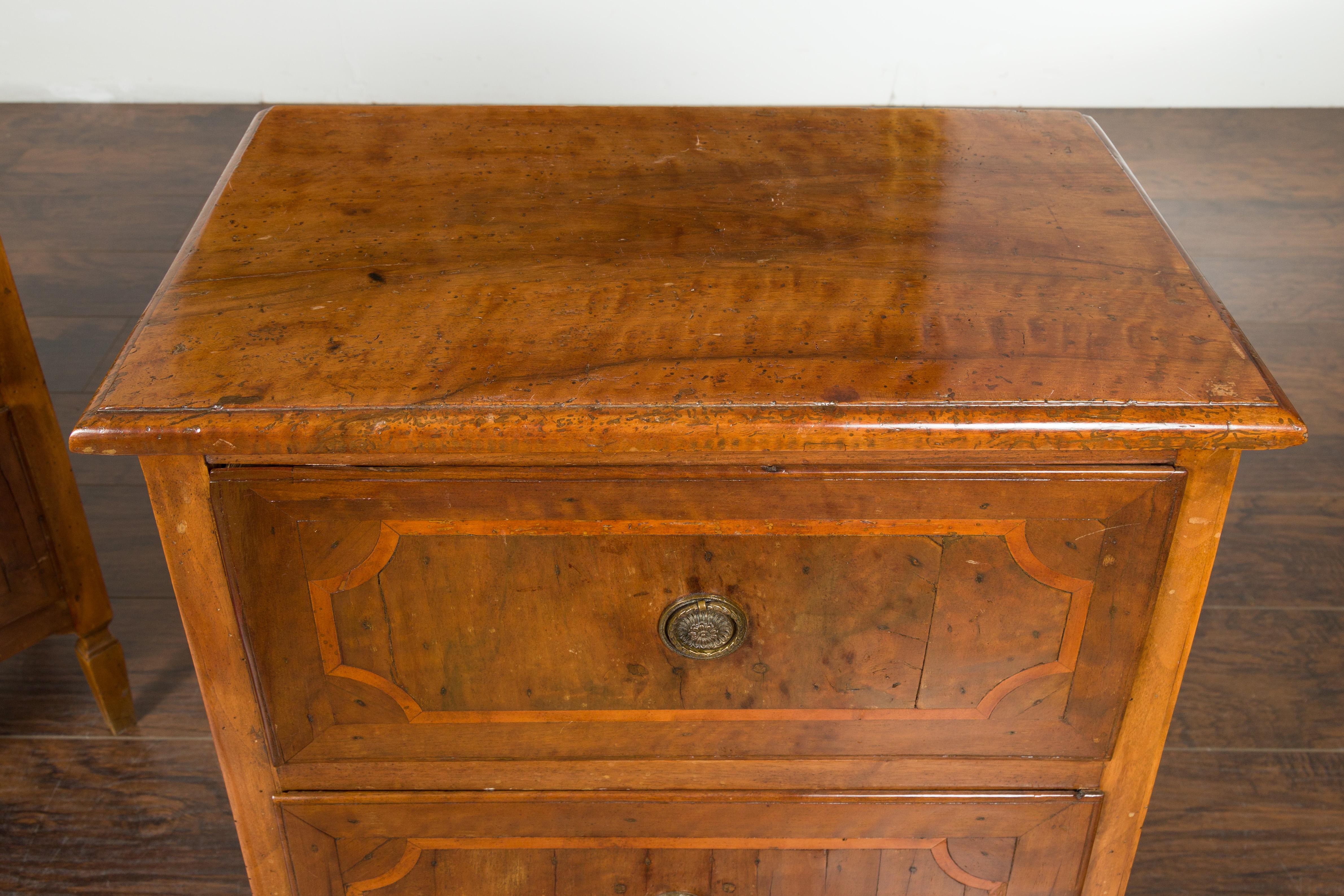 Pair of Petite Italian Walnut Two-Drawer Chests with Banding and Carved Aprons For Sale 2
