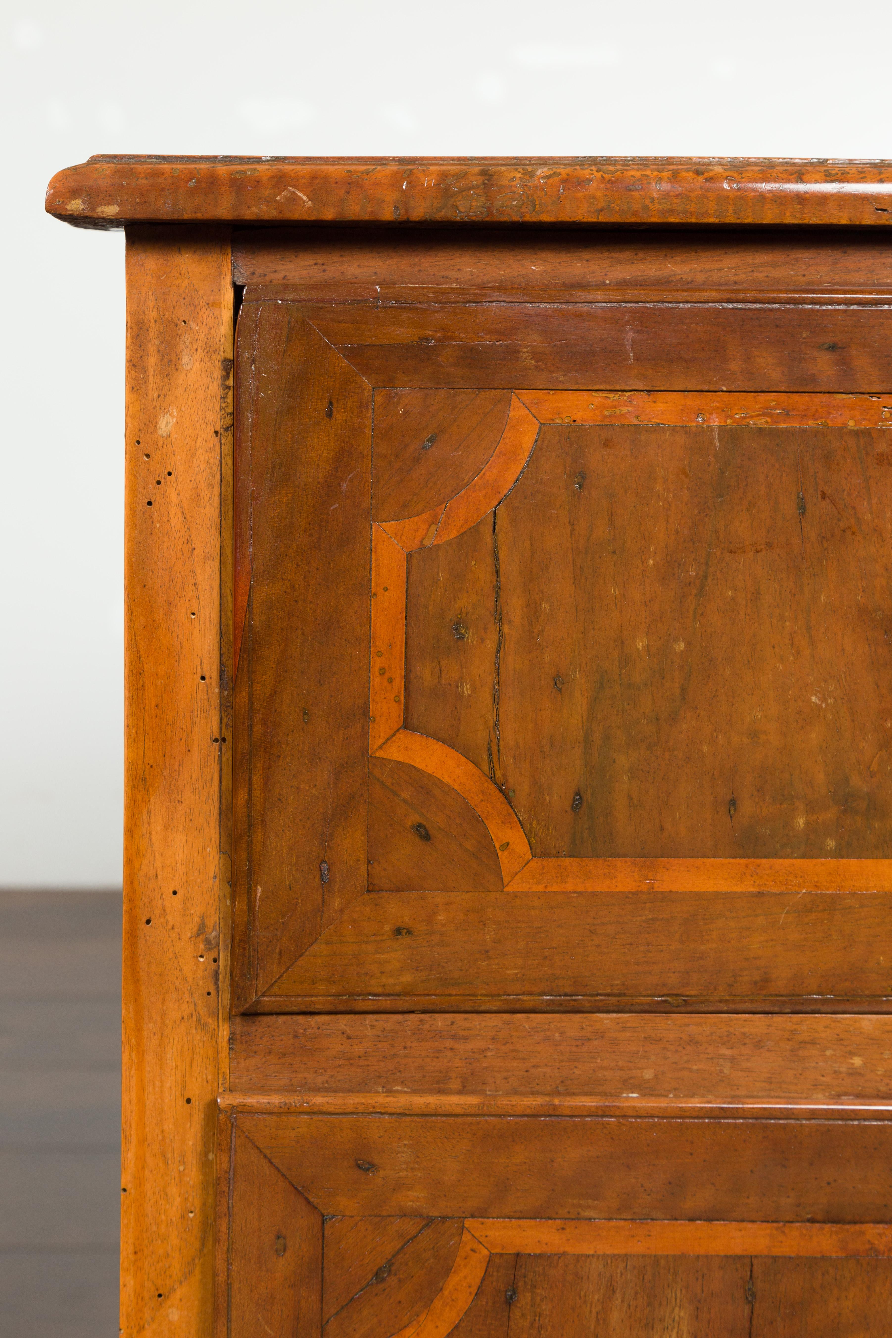 Pair of Petite Italian Walnut Two-Drawer Chests with Banding and Carved Aprons For Sale 3