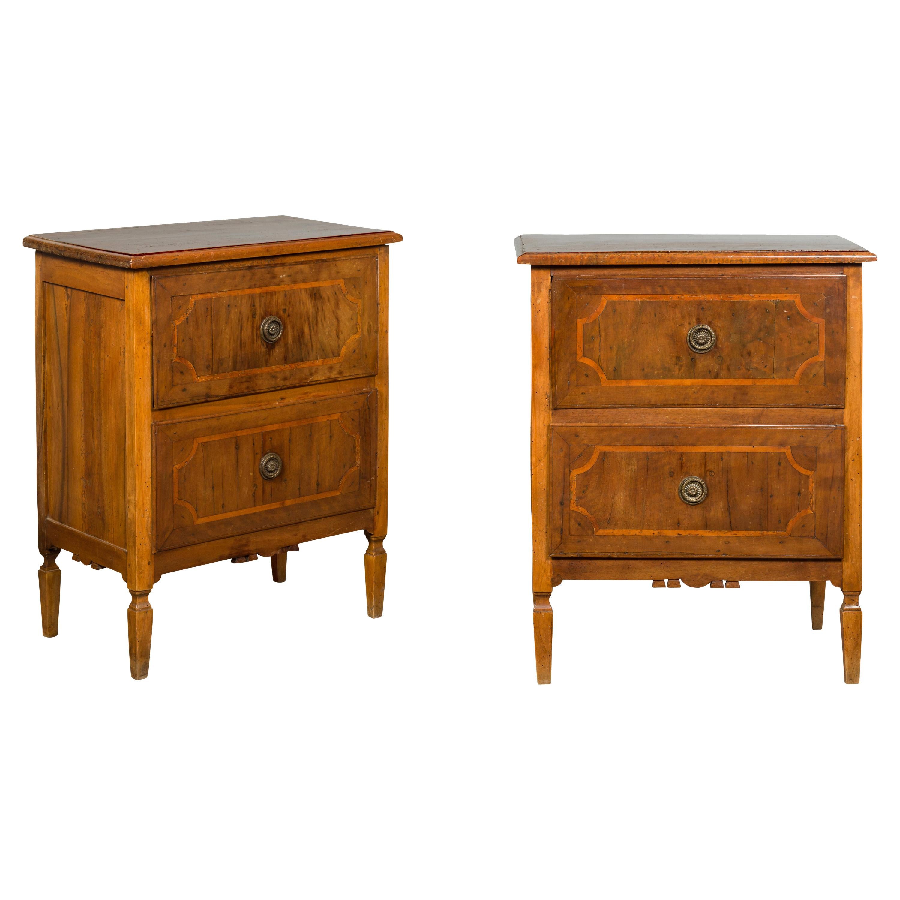 Pair of Petite Italian Walnut Two-Drawer Chests with Banding and Carved Aprons