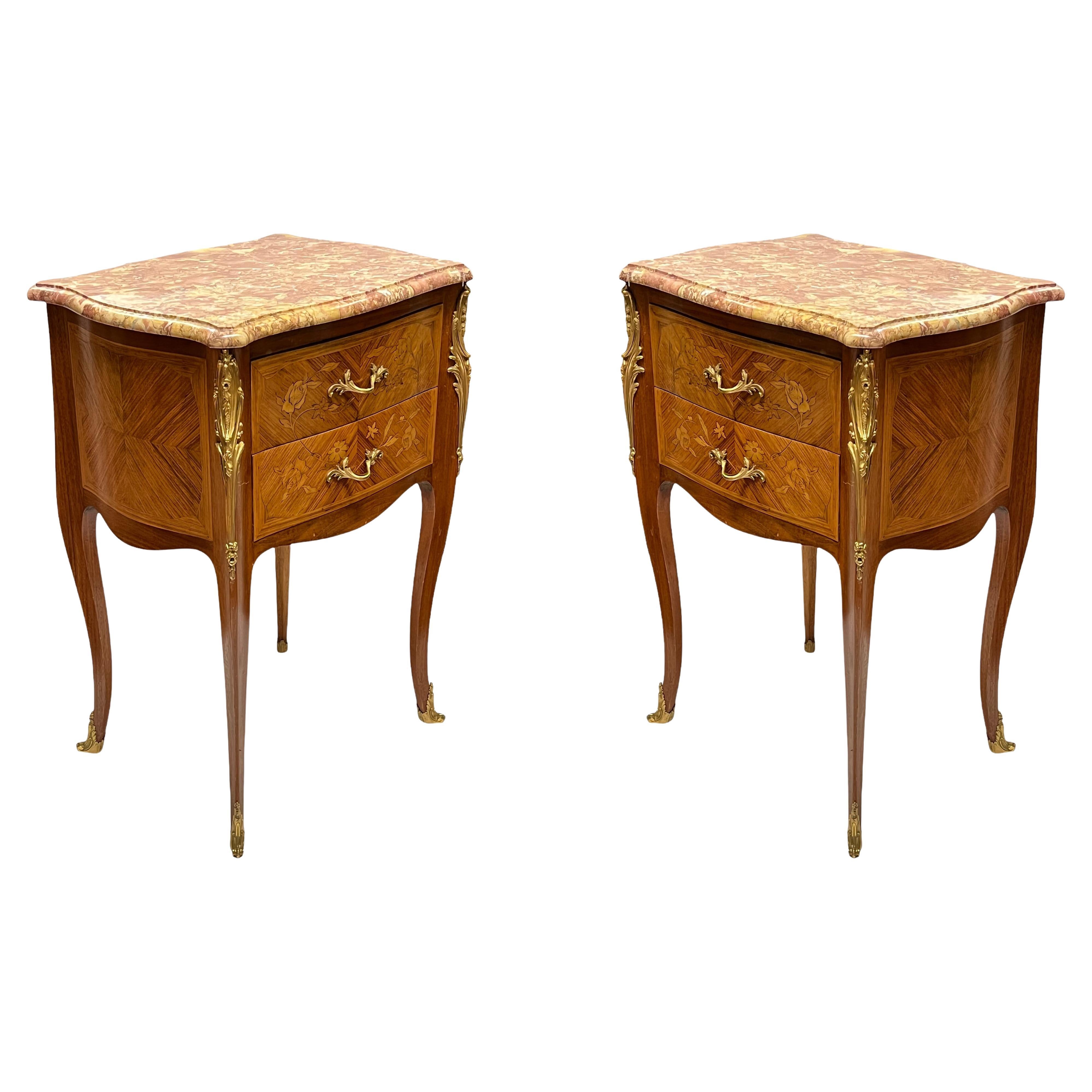 Pair of Petite Louis XV Style Marble Top End Tables For Sale