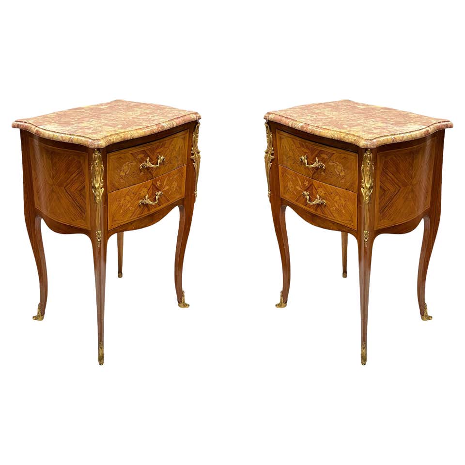 French Provincial Louis XV Style Marble-Top Shell Carved End Tables ...