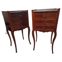 Pair of Petite Louis XVI Mahogany Nightstands with Inlay and Three Drawers