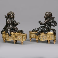 Pair of Petite Louis XVI Style Gilt and Patinated Bronze Chenets