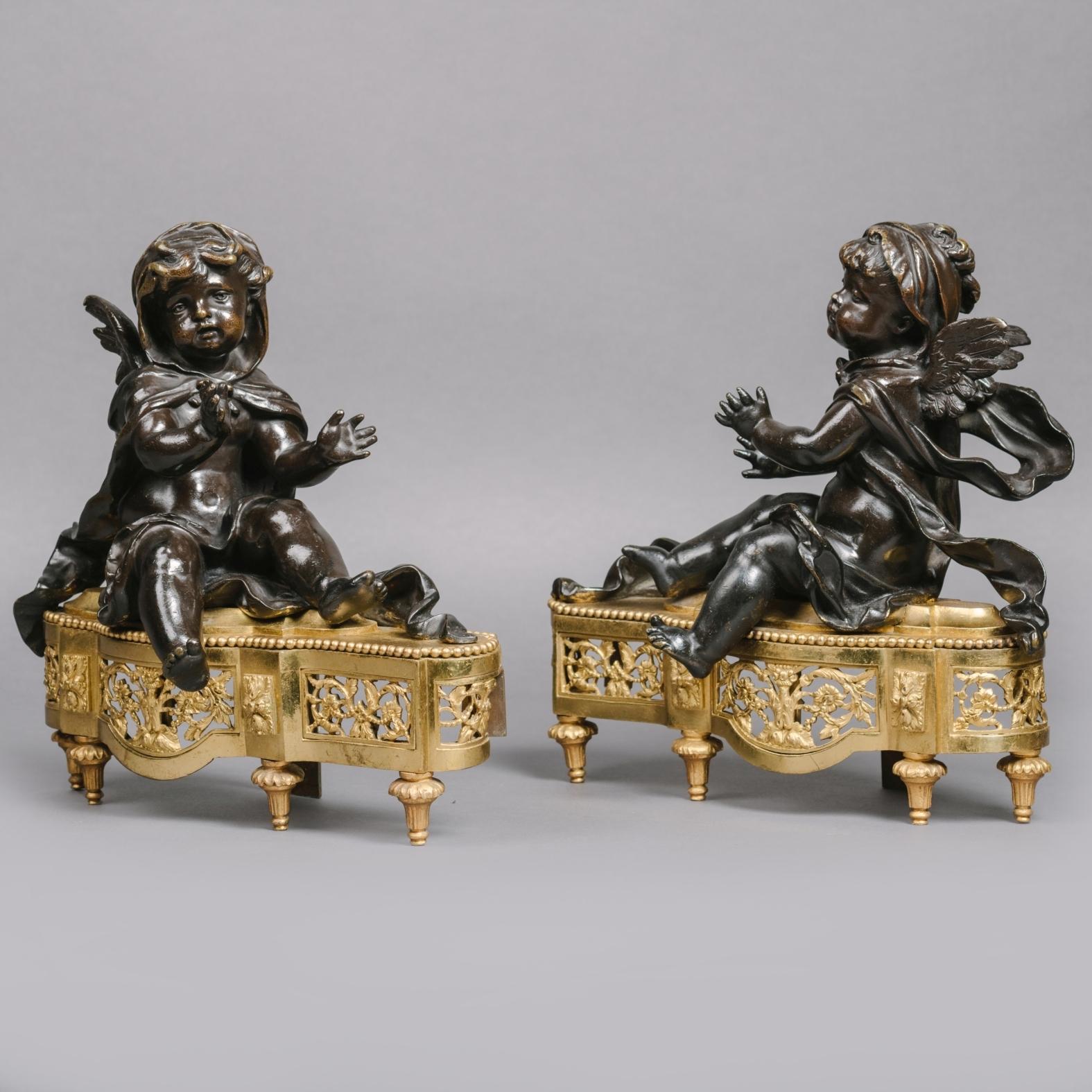French Pair of Petite Louis XVI Style Gilt and Patinated Bronze Chenets For Sale