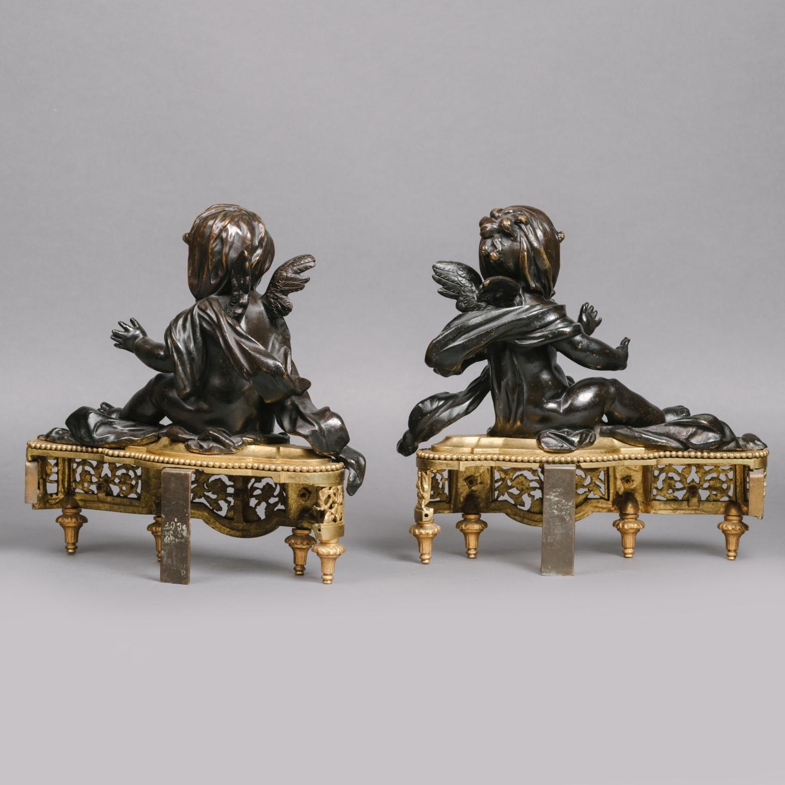 Pair of Petite Louis XVI Style Gilt and Patinated Bronze Chenets In Good Condition For Sale In Brighton, West Sussex