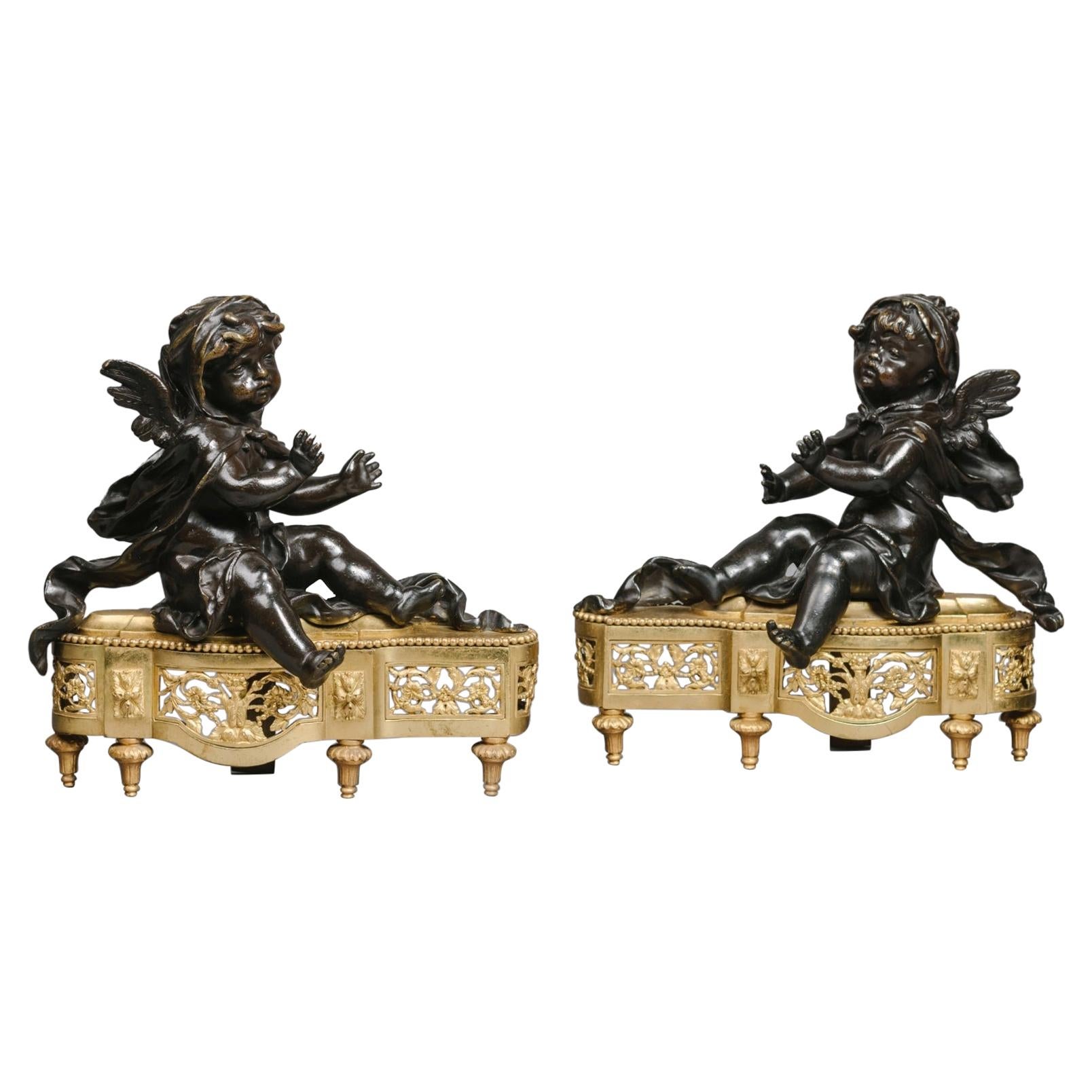 Pair of Petite Louis XVI Style Gilt and Patinated Bronze Chenets For Sale