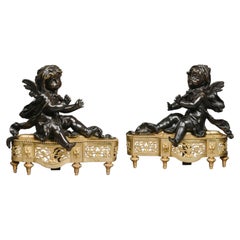 Antique Pair of Petite Louis XVI Style Gilt and Patinated Bronze Chenets