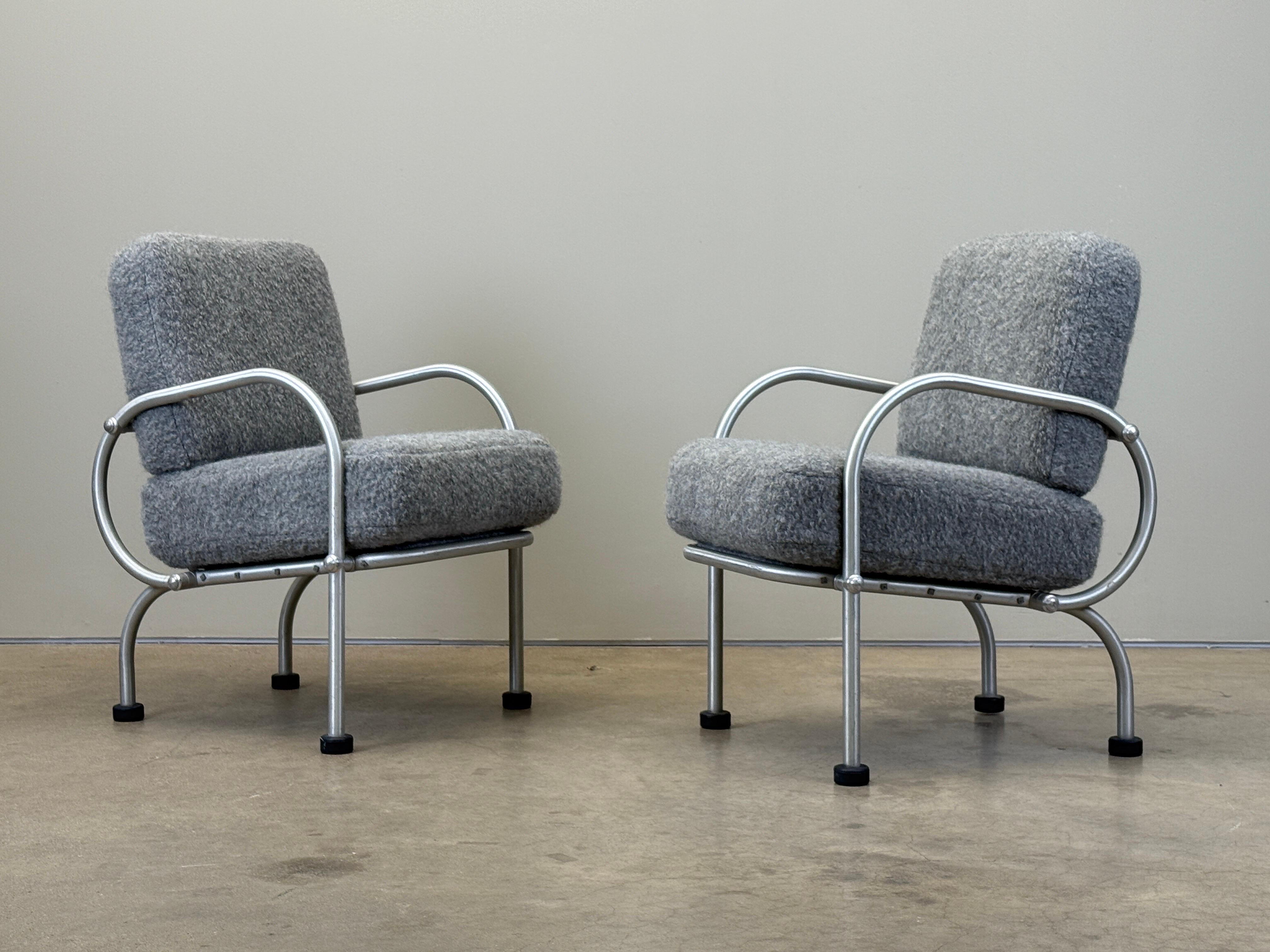 A pair of petite lounge chairs designed by Warren McArthur for the Arizona Biltmore Hotel, 1929. Reupholstered in a Holly Hunt boucle. 