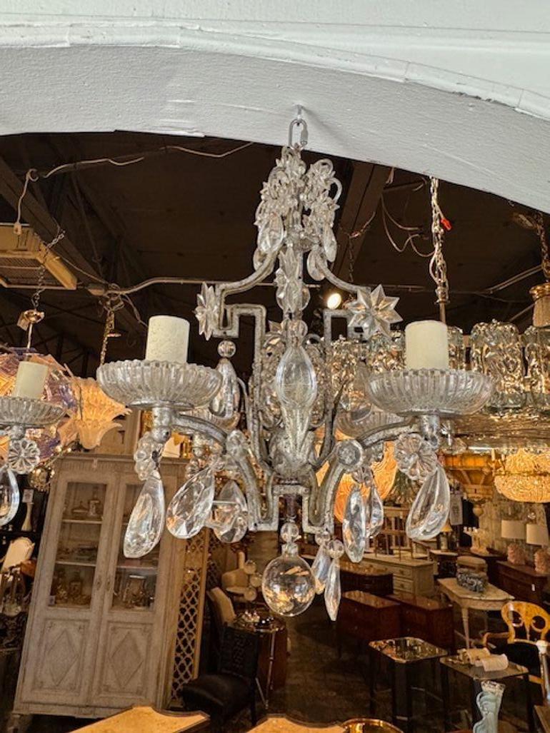 French Pair of Petite Maison Bagues Silver Leaf and Crystal Chandeliers For Sale