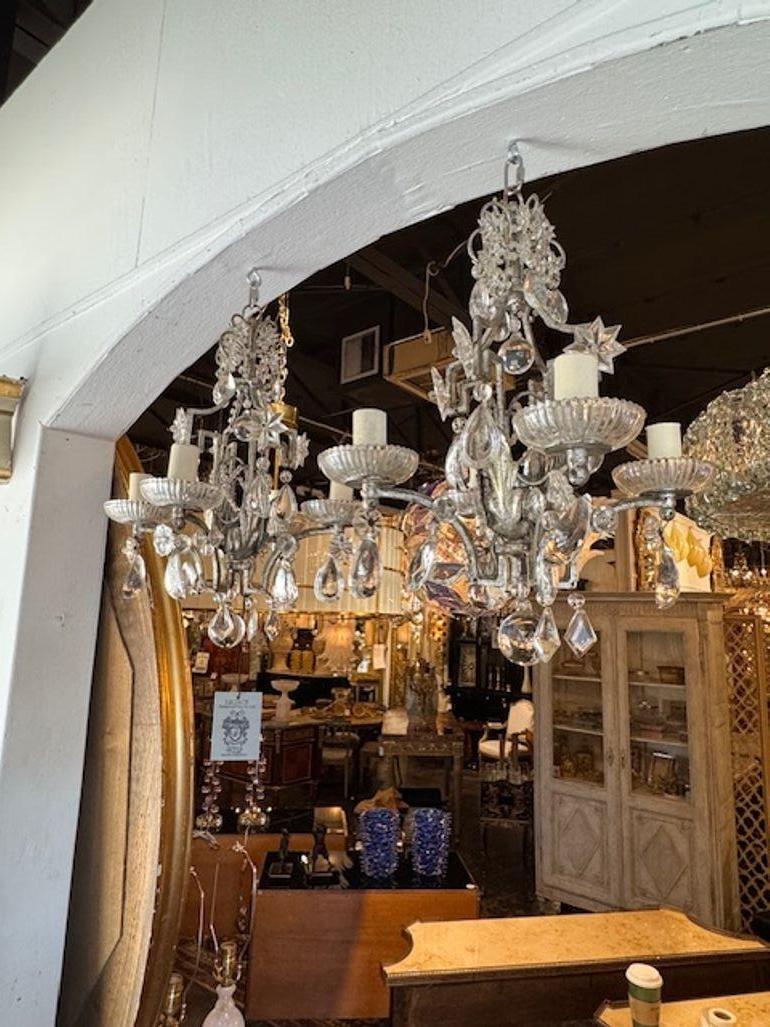 Silvered Pair of Petite Maison Bagues Silver Leaf and Crystal Chandeliers For Sale