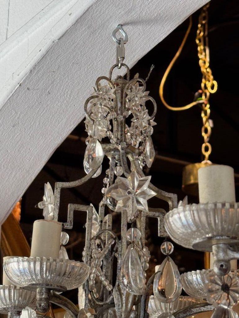 Pair of Petite Maison Bagues Silver Leaf and Crystal Chandeliers In Good Condition For Sale In Dallas, TX