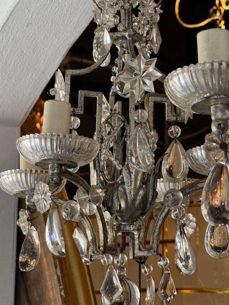 20th Century Pair of Petite Maison Bagues Silver Leaf and Crystal Chandeliers For Sale