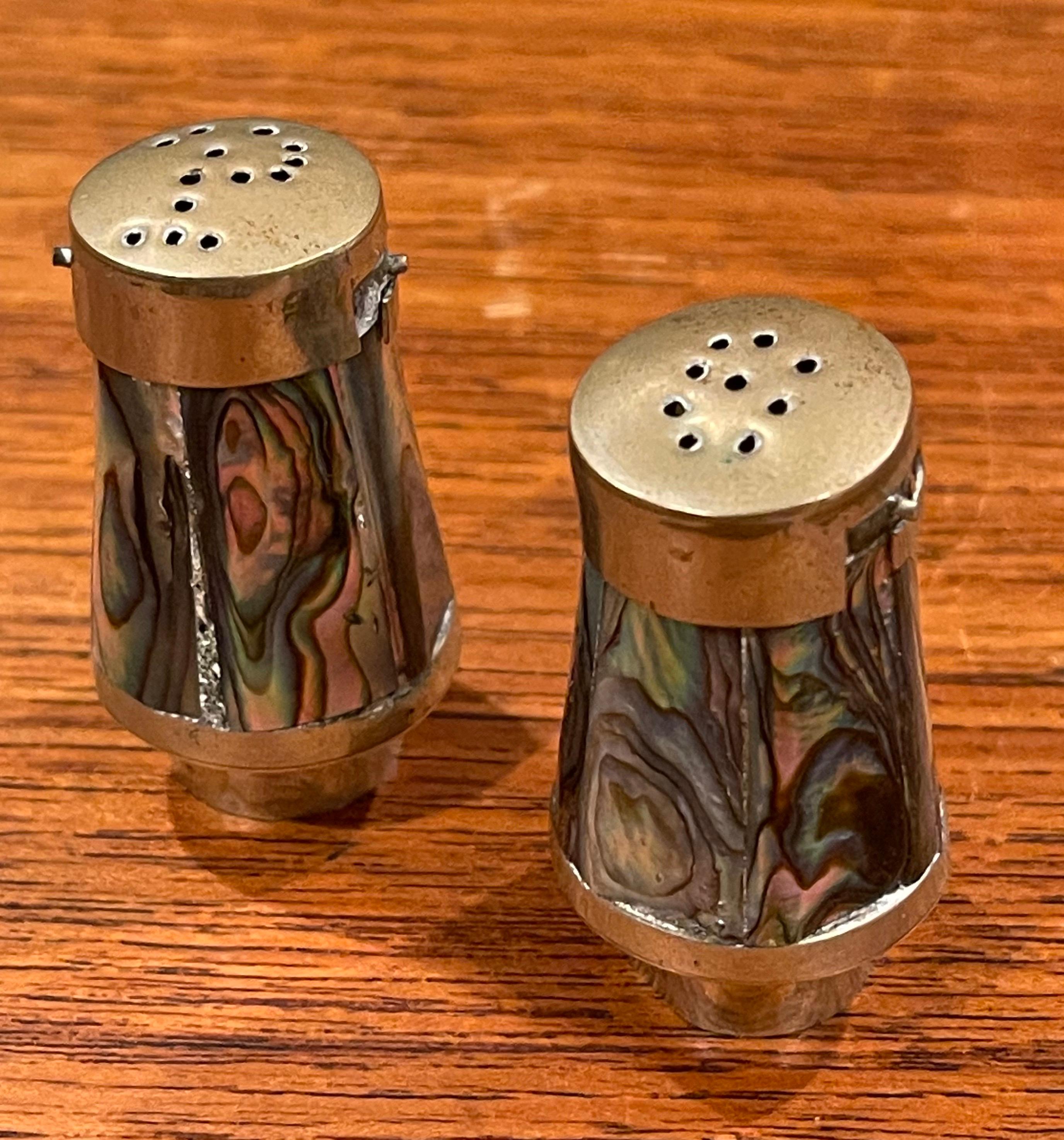Art Deco Pair of Petite Mexican Brass & Alpaca Salt and Pepper Shakers For Sale