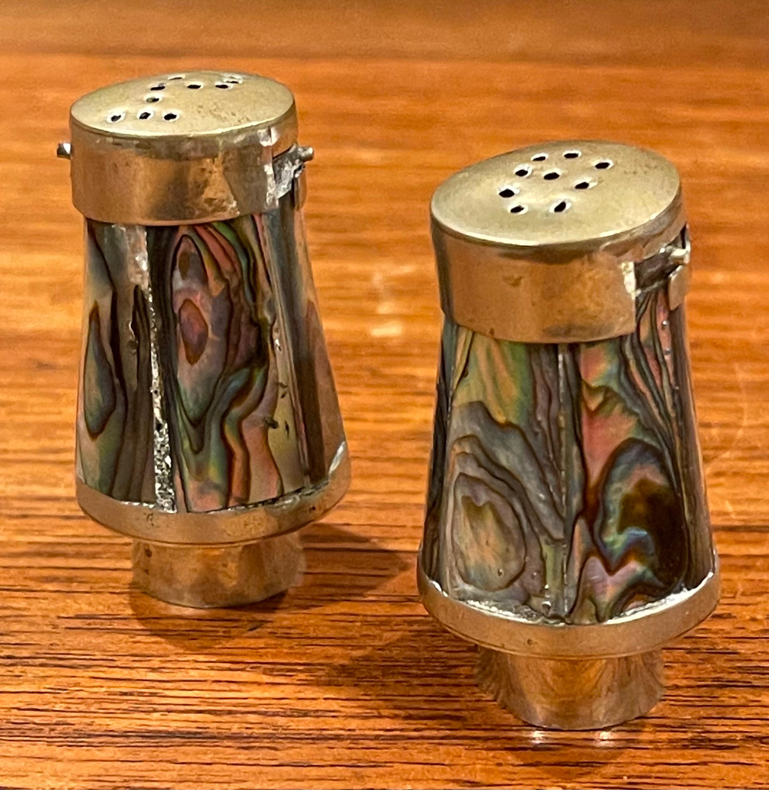 American Pair of Petite Mexican Brass & Alpaca Salt and Pepper Shakers For Sale