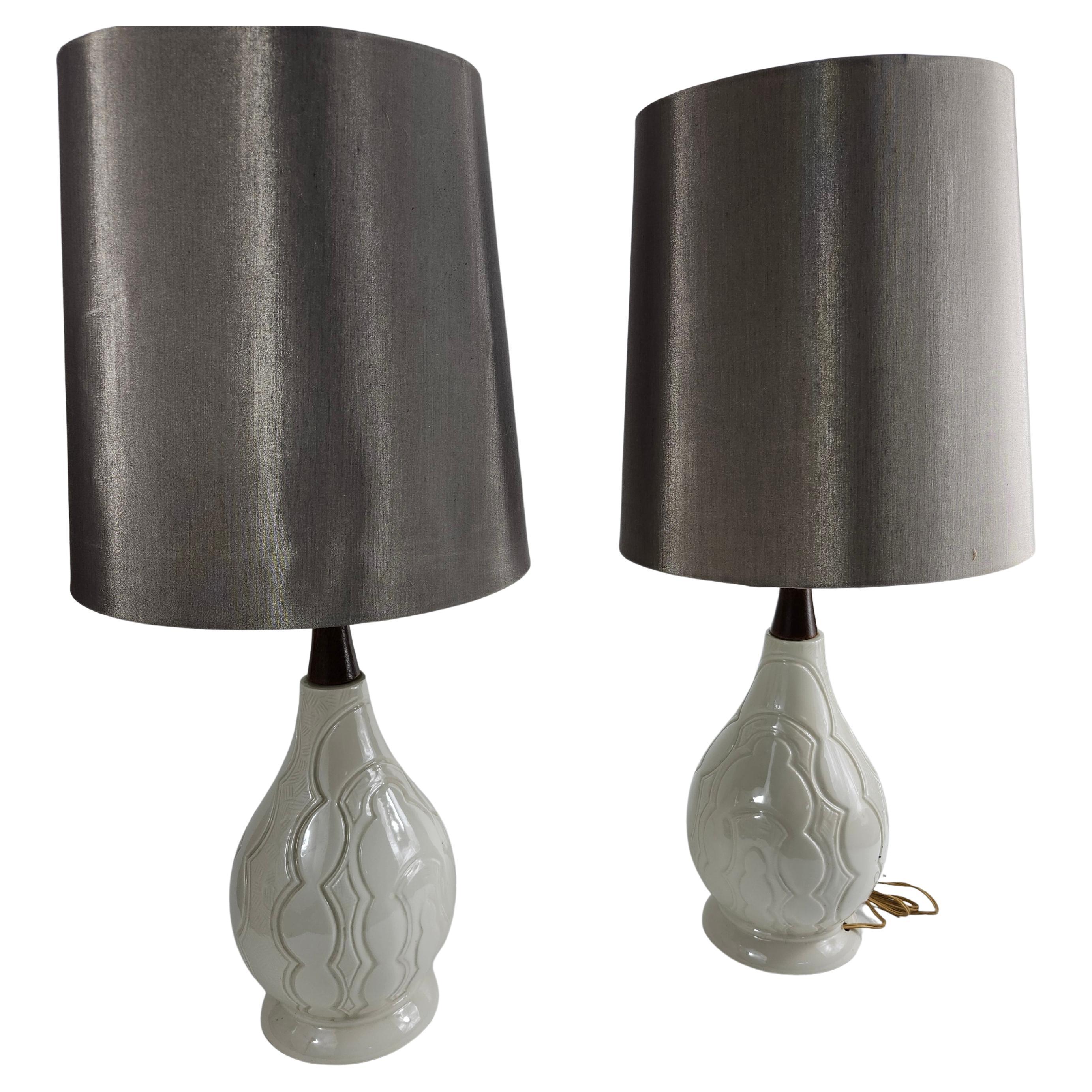 Pair of Petite Mid Century Modern Bedside Ceramic Danish Table Lamps w Shades