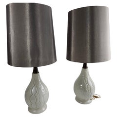 Pair of Petite Mid Century Modern Bedside Ceramic Danish Table Lamps w Shades