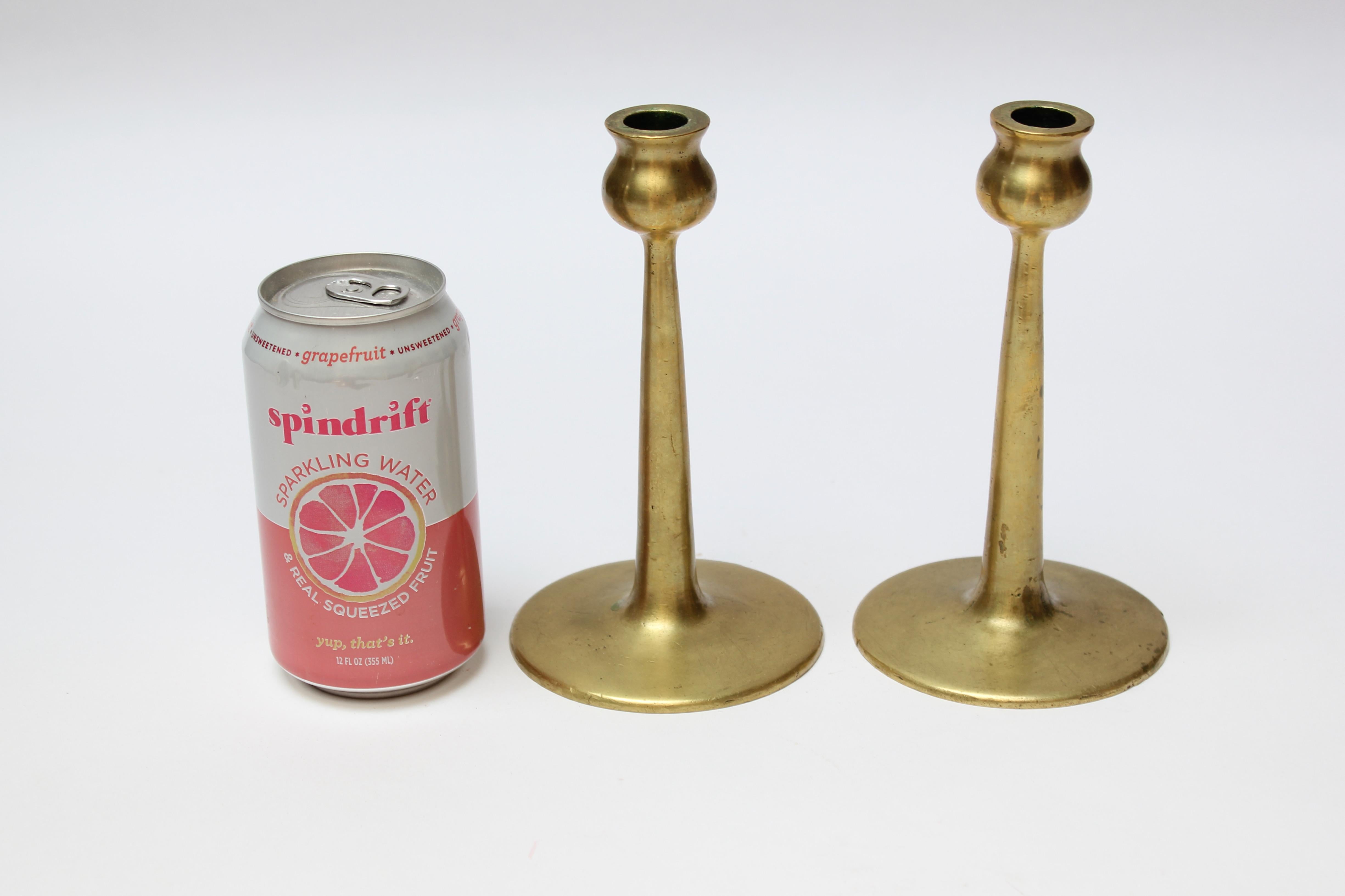 American Pair of Petite Mid-Century Modern Turned Brass Candlesticks after Jarvie For Sale