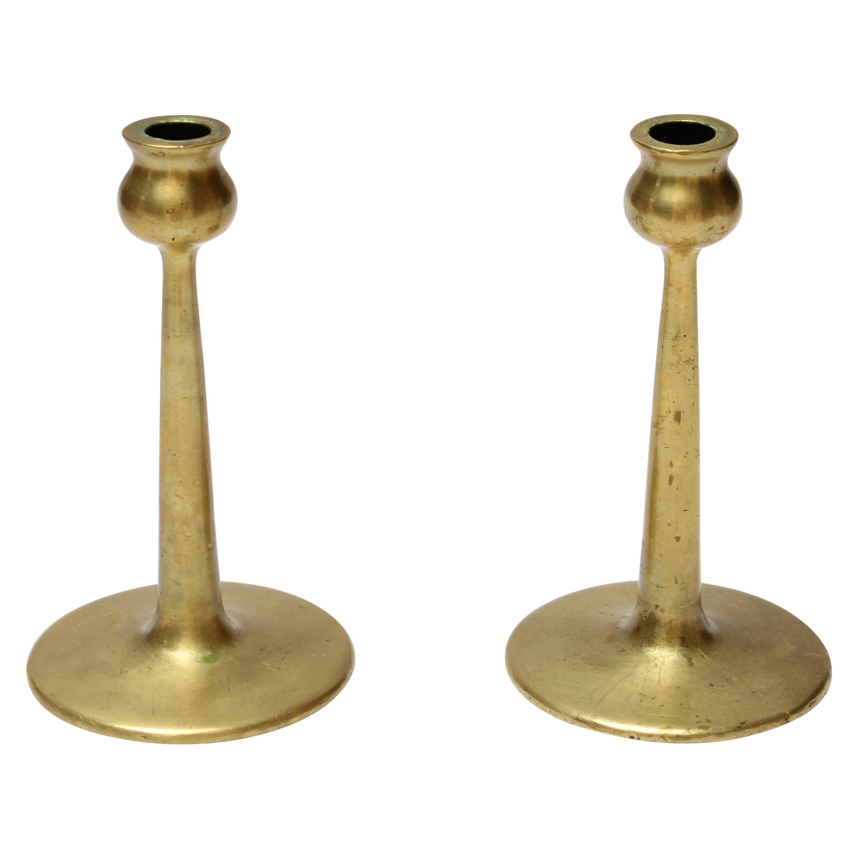 Pair of Petite Mid-Century Modern Turned Brass Candlesticks after Jarvie For Sale