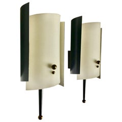 Pair of Petite Midcentury Sconces with Plexiglass Diffusers and Brass Details